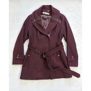 Kenneth Cole Wool Blend Belted Coat Burgundy Moto Zip Jacket Size 12 Women's